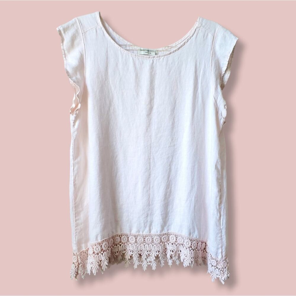 Women Terzo Millenio Pink Linen Blouse M Crochet Fringe Lagenlook Boho Italy